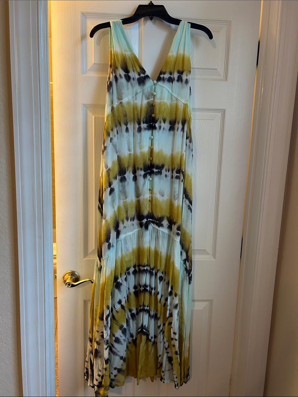 YFB Sleeveless Tie-Dye V-Neck Maxi Dress in Yellow, Aqua & Black